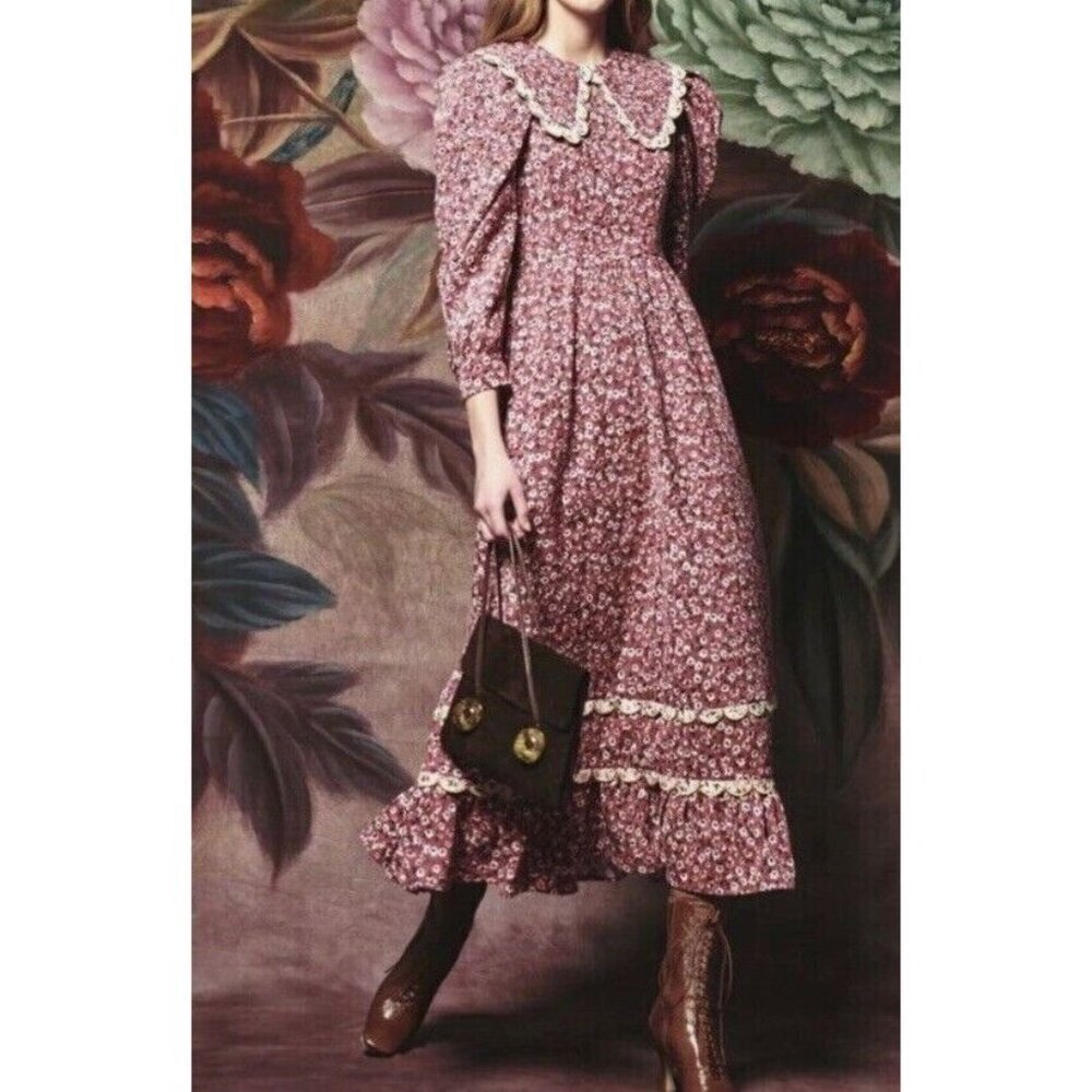 CeliaB Dress Sz L Celia B Burgundy Corduroy Floral Midi Western Anthropologie